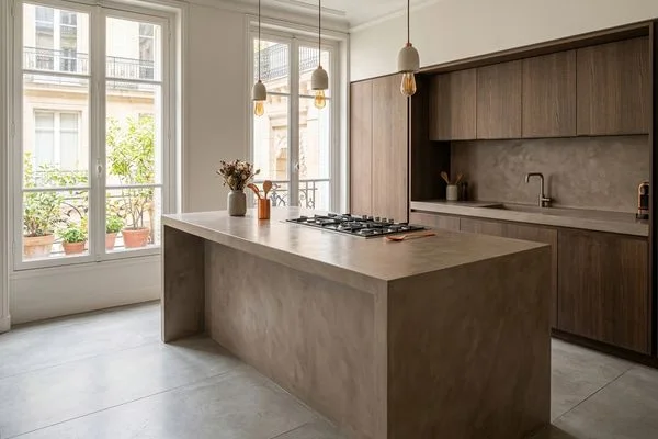 Cuisine avec plan de travail en béton ciré