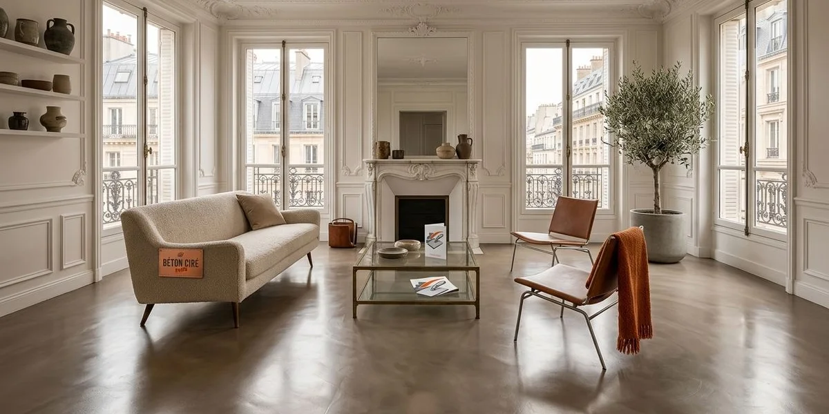 Béton ciré au sol dans un salon haussmannien avec moulures au plafond et cheminée en marbre