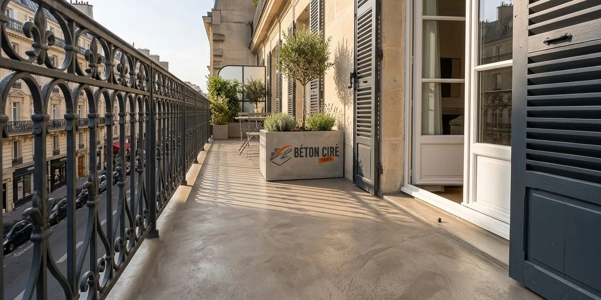 Balcon rénové en béton ciré avec finition antidérapante et traitement anti-UV