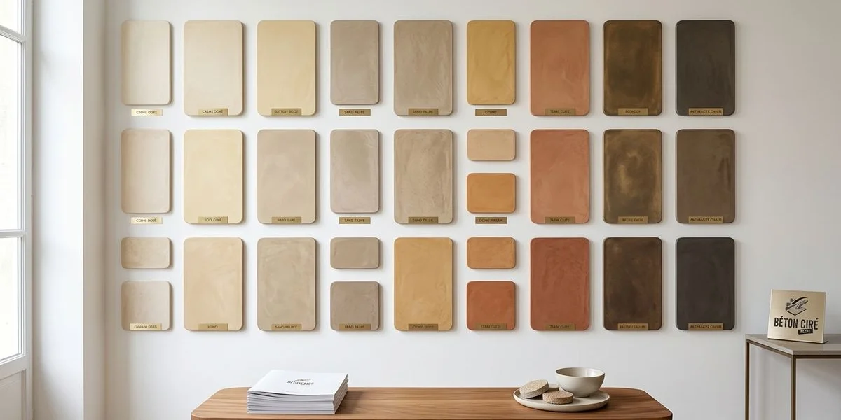 Échantillons de couleurs de béton ciré disposés sur un nuancier professionnel