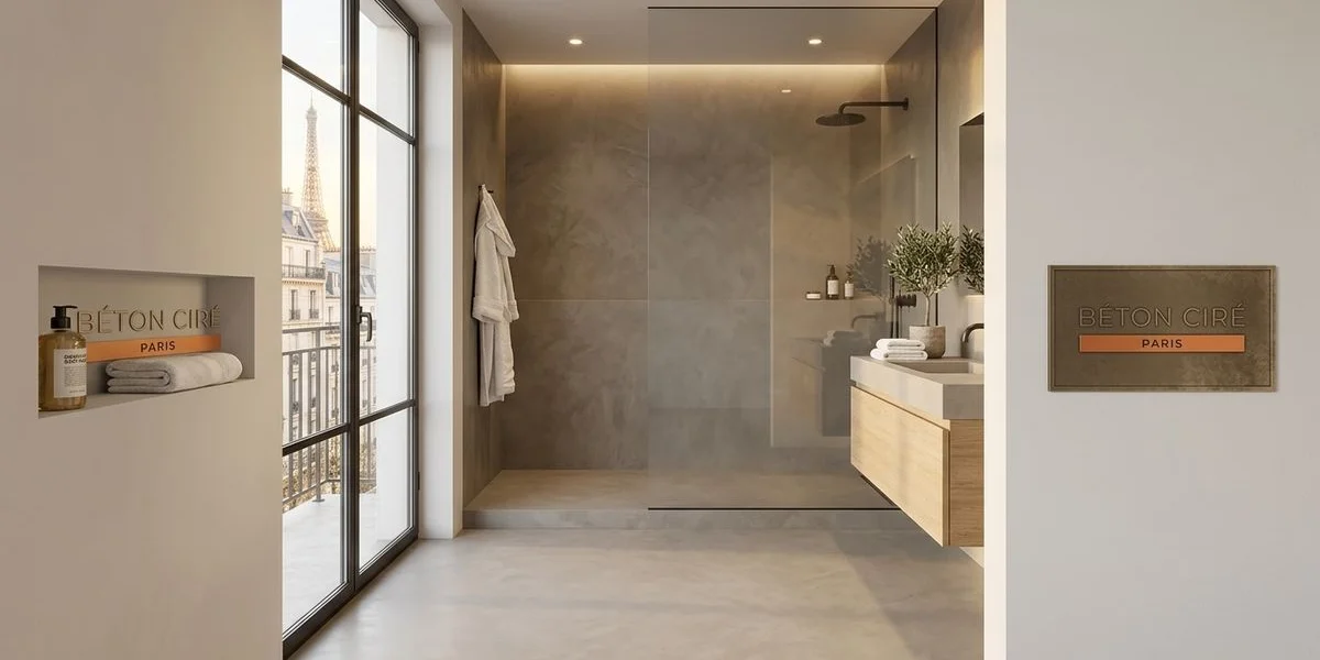 Douche italienne en béton ciré avec paroi vitrée dans une salle de bain parisienne