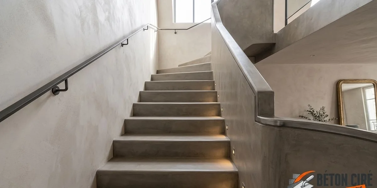 Escalier rénové en béton ciré dans un duplex parisien moderne