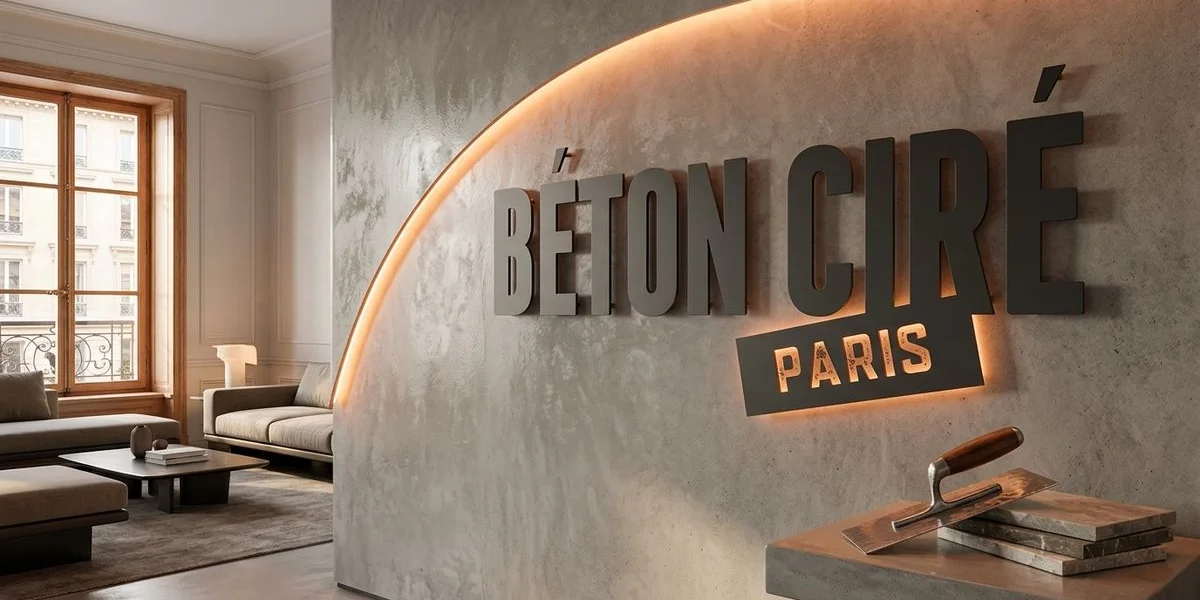 Mur d'accent en béton ciré dans un salon parisien contemporain