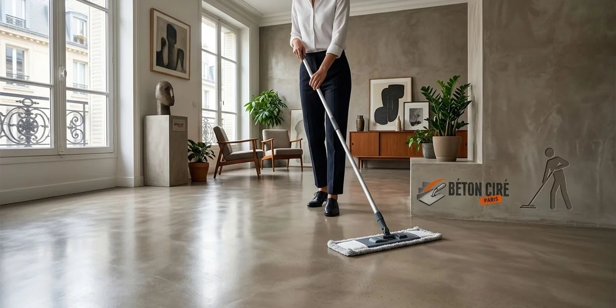 Nettoyage quotidien du béton ciré avec serpillière microfibre et produit pH neutre