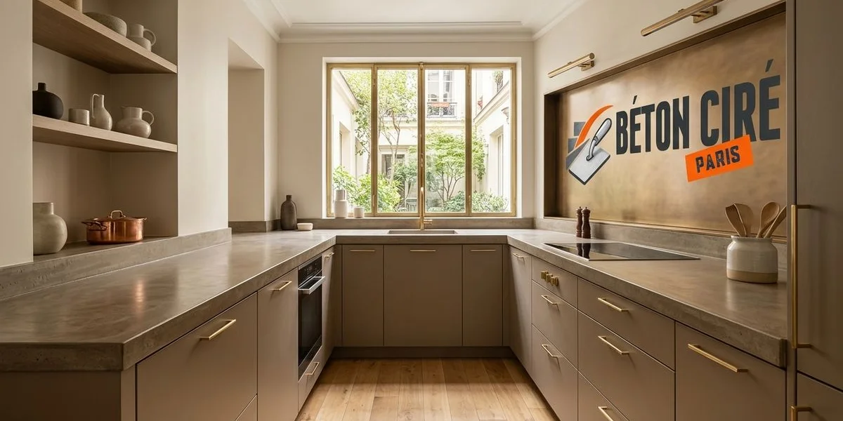 Plan de travail en béton ciré dans une cuisine parisienne élégante