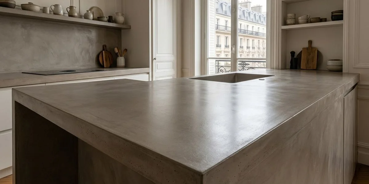 Plan de travail cuisine en béton ciré avec vernis haute protection