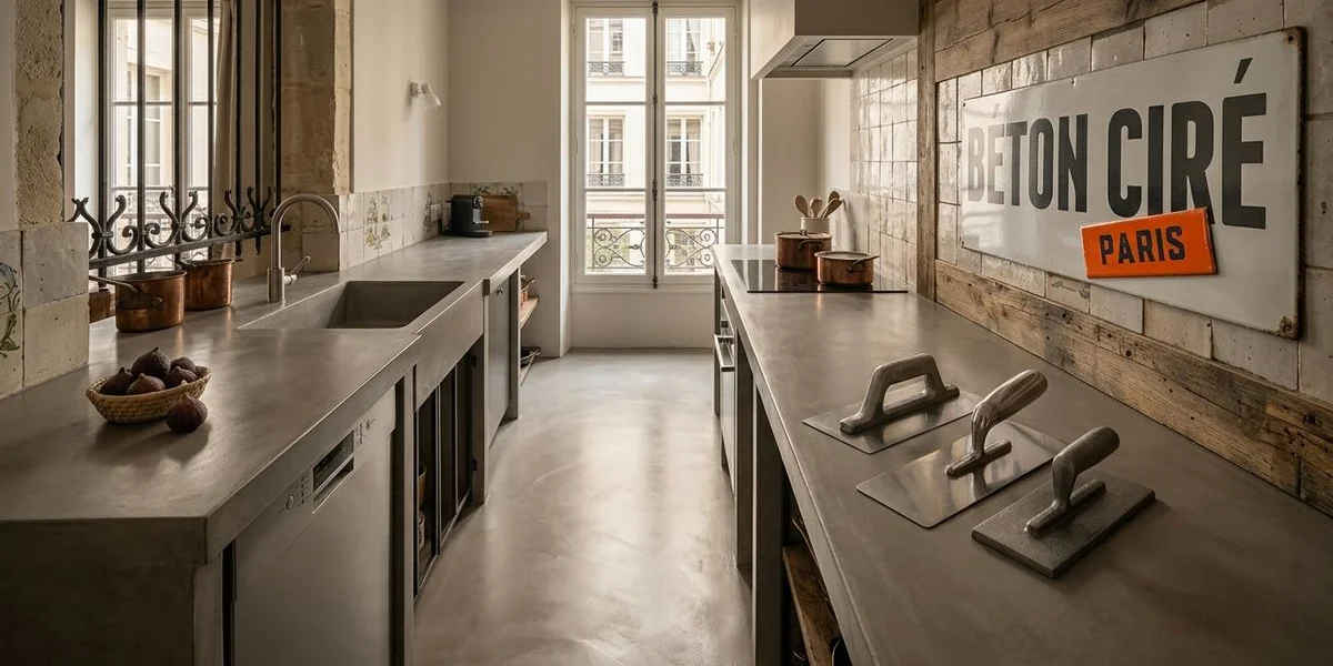 Processus de pose du béton ciré sur carrelage existant avec primaire d'accroche dans une cuisine parisienne