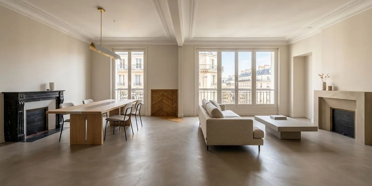 Rénovation avant après béton ciré dans un salon parisien avec carrelage remplacé par surface continue