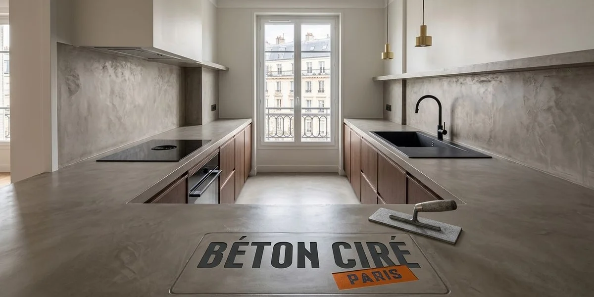 Rénovation complète cuisine en béton ciré avec plan de travail crédence et sol assortis