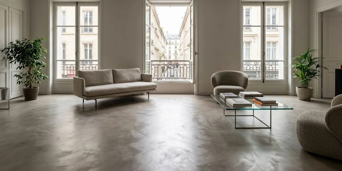 Résultat final béton ciré sur ancien carrelage avec finition satinée dans un séjour lumineux