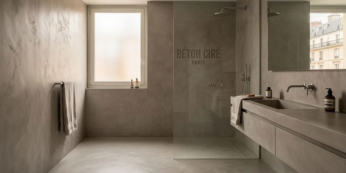Salle de bain complète en béton ciré avec douche italienne et plan vasque