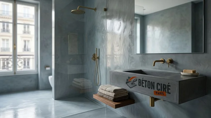 Salle de bain avec béton ciré finition brillante et vasque design