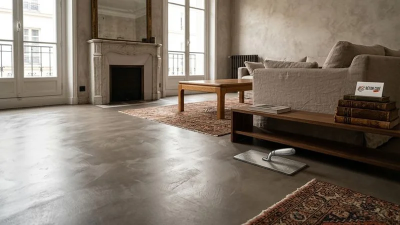 Salon contemporain avec sol en béton ciré finition mate couleur gris perle