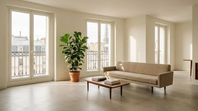 Intérieur contemporain avec béton ciré au sol et mur accent en résine