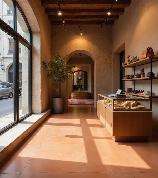Boutique parisienne avec sol en béton ciré terracotta