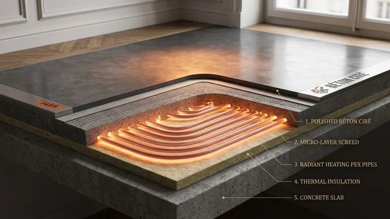 Coupe schématique montrant les couches de béton ciré sur plancher chauffant