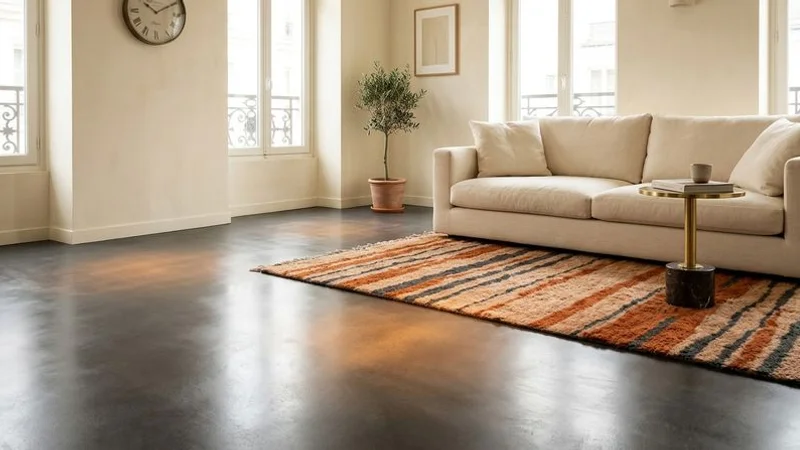Sol en béton ciré couleur taupe dans un salon contemporain avec chauffage au sol